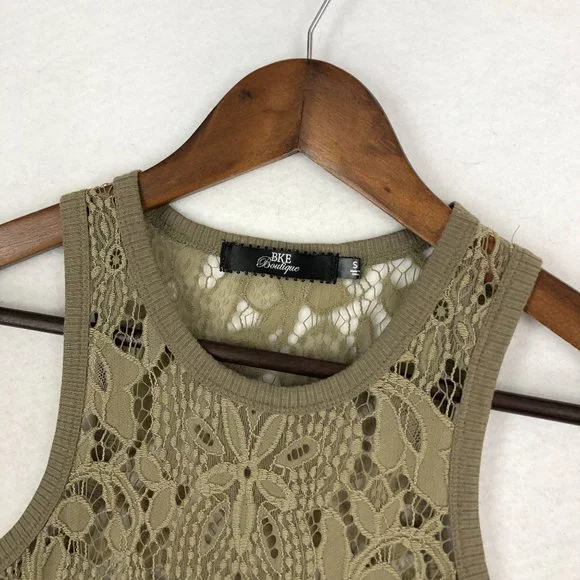 BKE Boutique Women's Size Small Olive Green Brown Eyelash Lace Scoop Tank Top - Picture 2 of 9